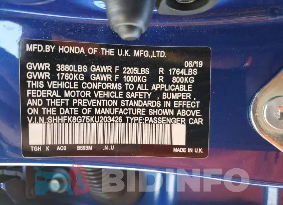 SHHFK8G75KU203426 Photo# 12