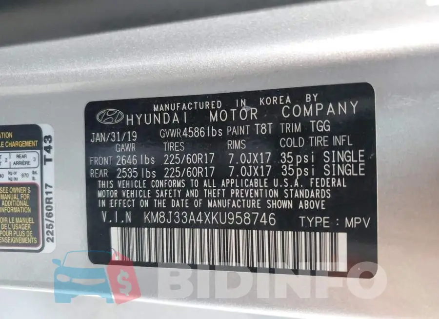 KM8J33A4XKU958746 Photo# 12