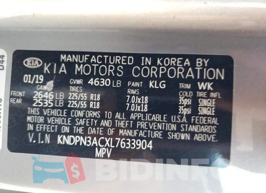 KNDPN3ACXL7633904 Photo# 14
