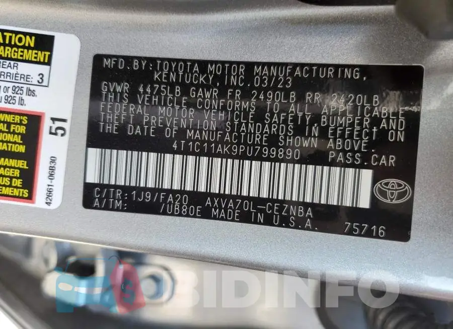 4T1C11AK9PU799890 Photo# 12