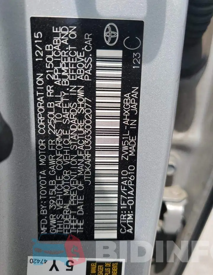 JTDKARFU3G3002077 Photo# 13