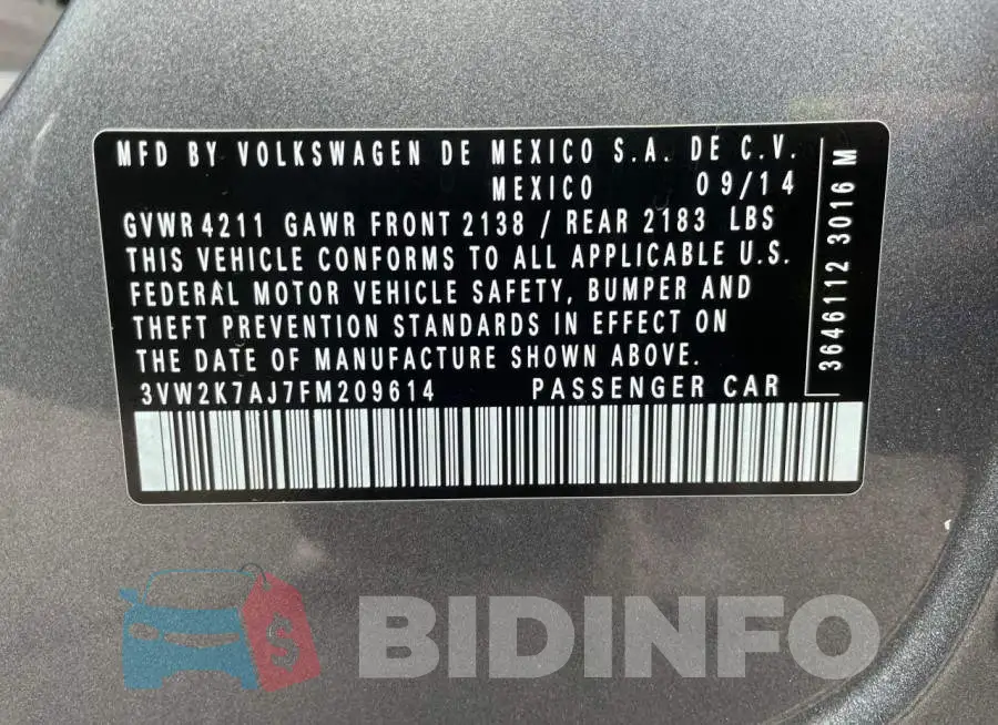 3VW2K7AJ7FM209614 Photo# 10