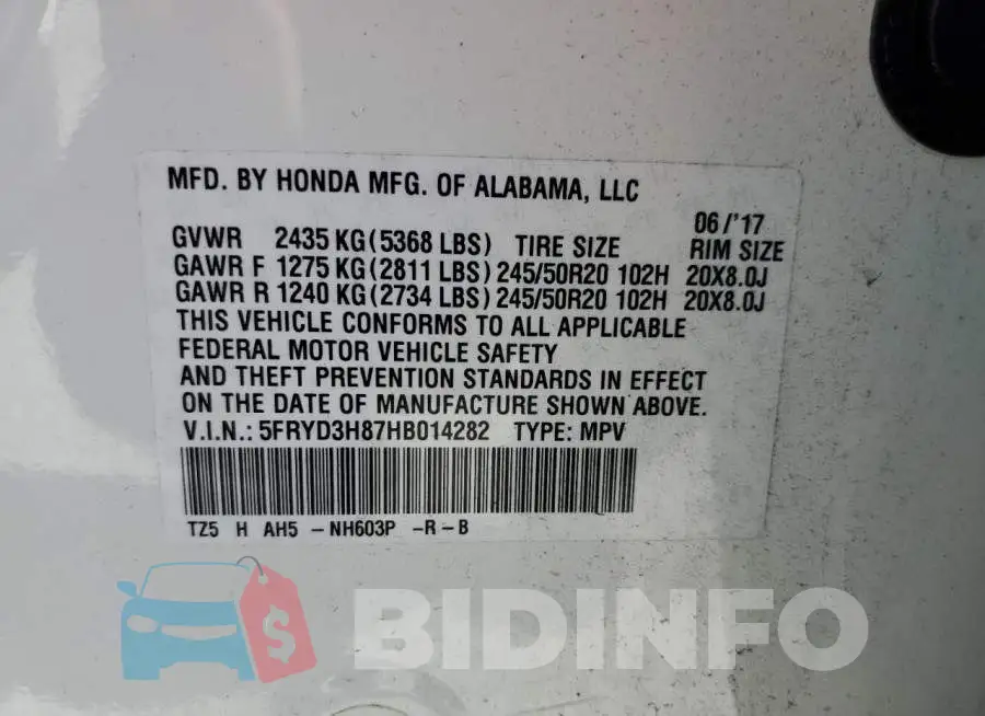5FRYD3H87HB014282 Photo# 13