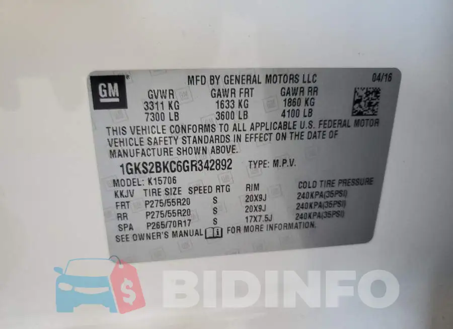 1GKS2BKC6GR342892 Photo# 12