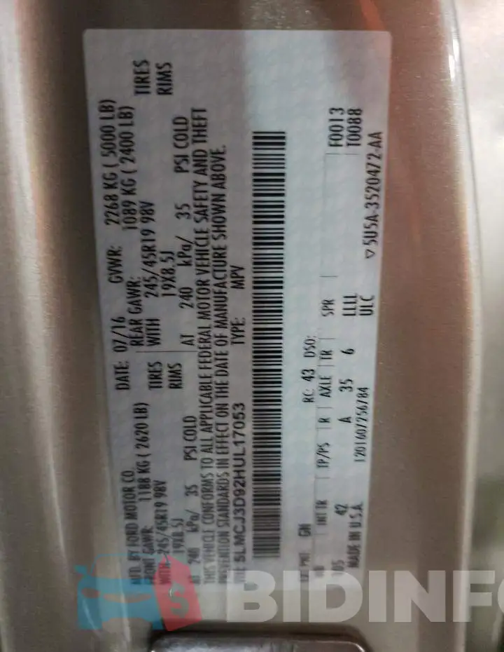 5LMCJ3D92HUL17053 Photo# 14