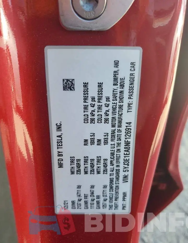 5YJ3E1EA8NF126914 Photo# 12