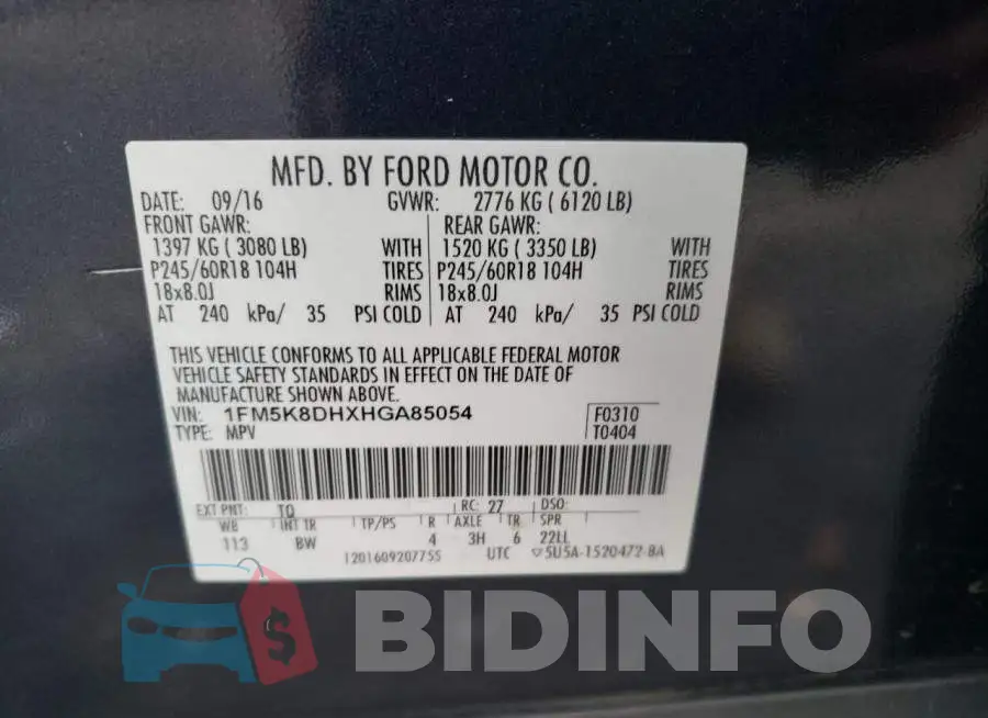 1FM5K8DHXHGA85054 Photo# 14