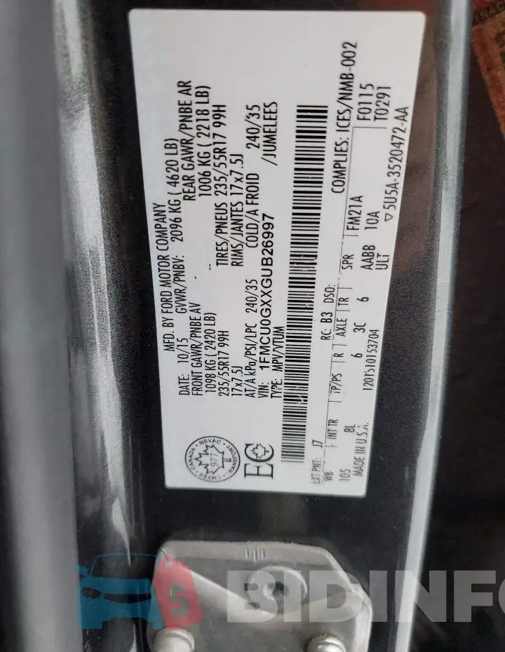 1FMCU0GXXGUB26997 Photo# 14