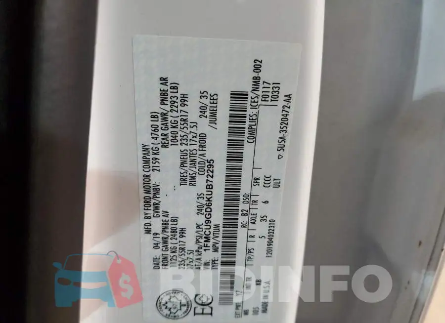 1FMCU9GD6KUB72295 Photo# 13