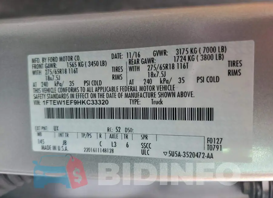 1FTEW1EF9HKC33320 Photo# 12
