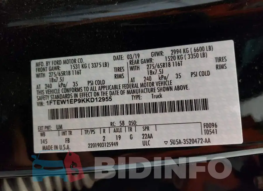 1FTEW1EP9KKD12955 Photo# 12