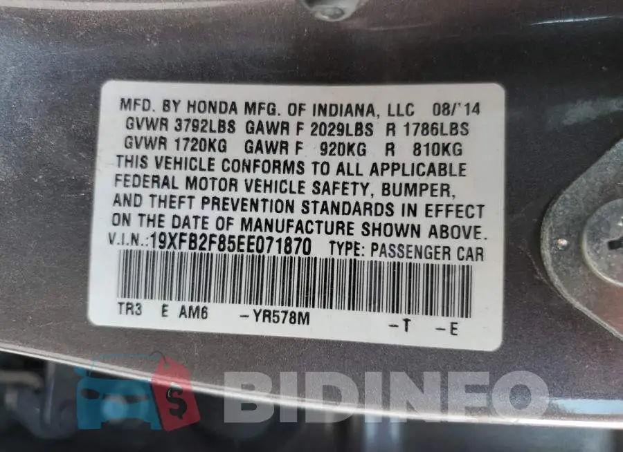 19XFB2F85EE071870 Photo# 12