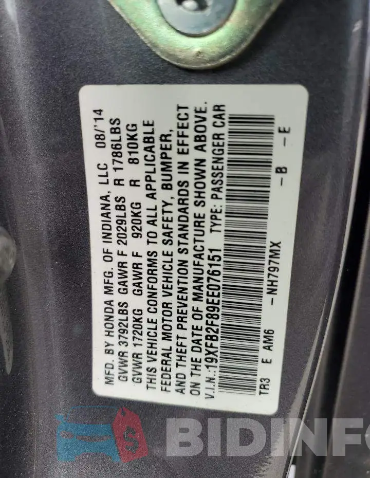 19XFB2F89EE076151 Photo# 13