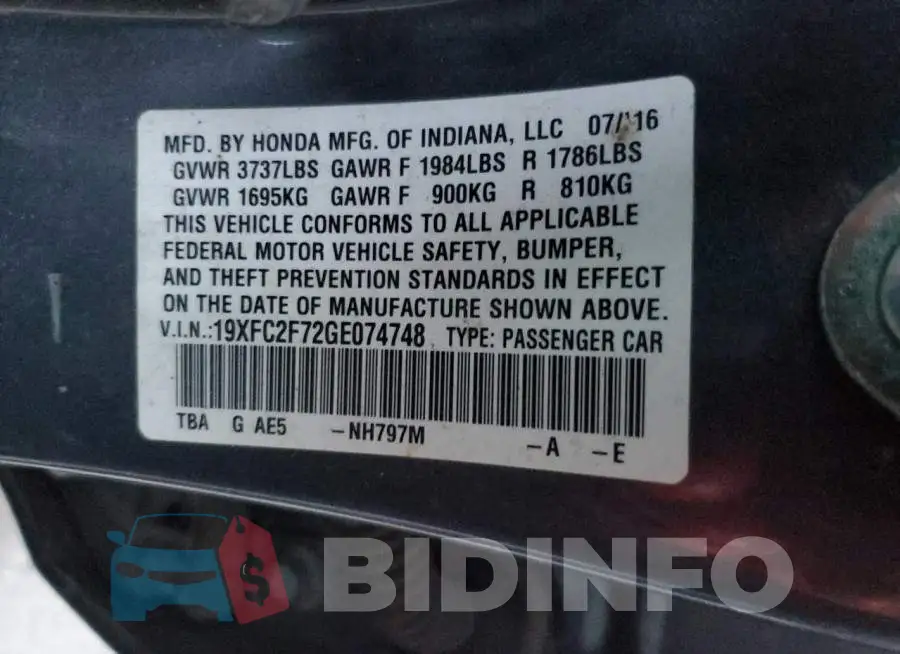 19XFC2F72GE074748 Photo# 13