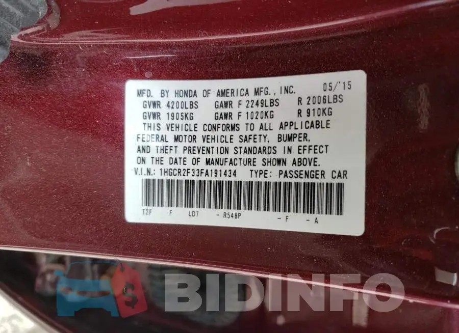 1HGCR2F33FA191434 Photo# 12