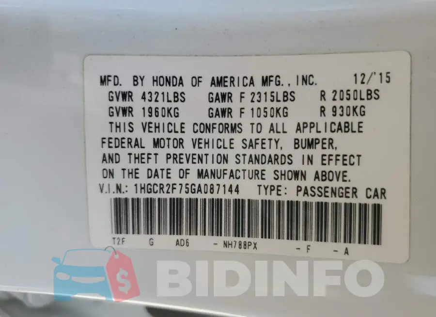 1HGCR2F75GA087144 Photo# 12