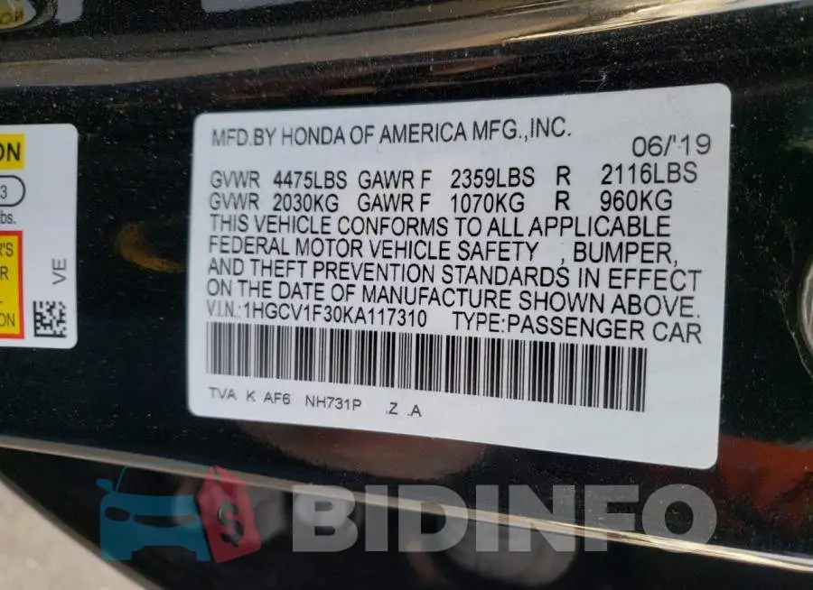 1HGCV1F30KA117310 Photo# 13