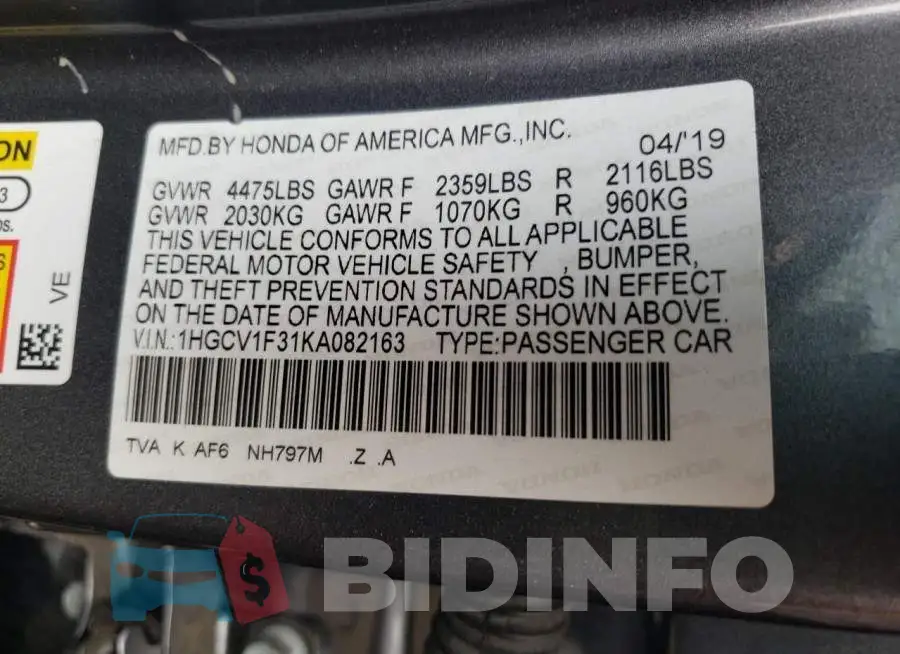 1HGCV1F31KA082163 Photo# 13