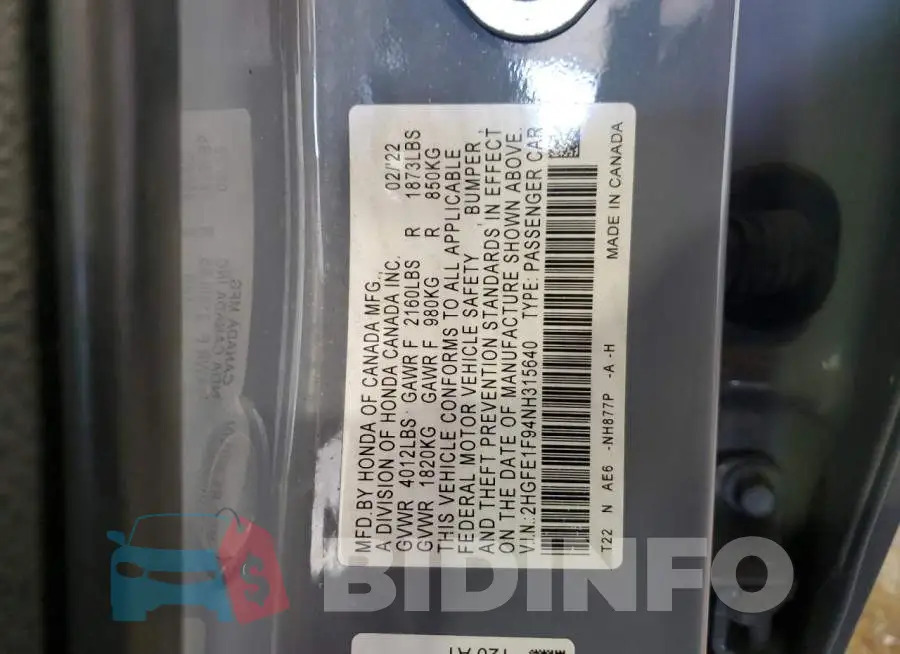 2HGFE1F94NH315640 Photo# 12