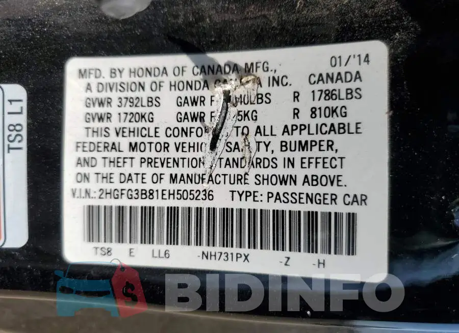 2HGFG3B81EH505236 Photo# 12