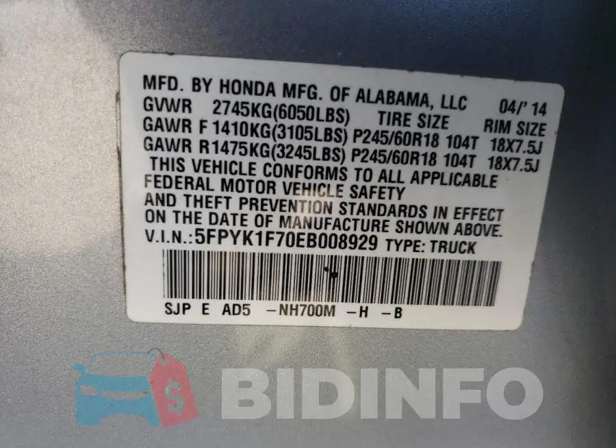 5FPYK1F70EB008929 Photo# 13
