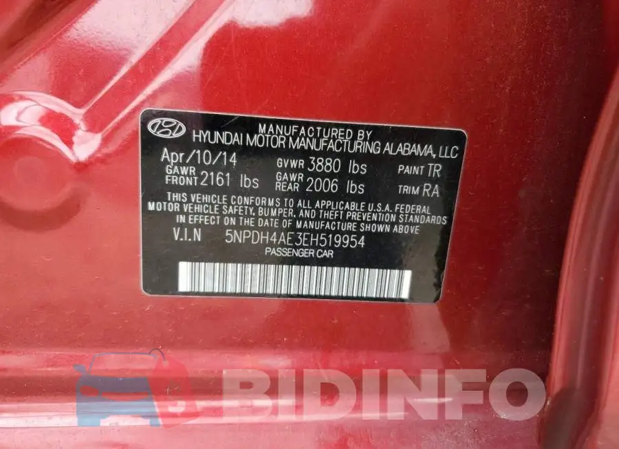 5NPDH4AE3EH519954 Photo# 12