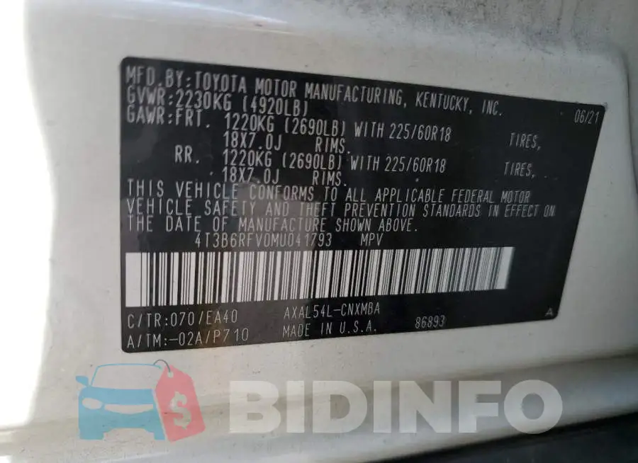 4T3B6RFV0MU041793 Photo# 13