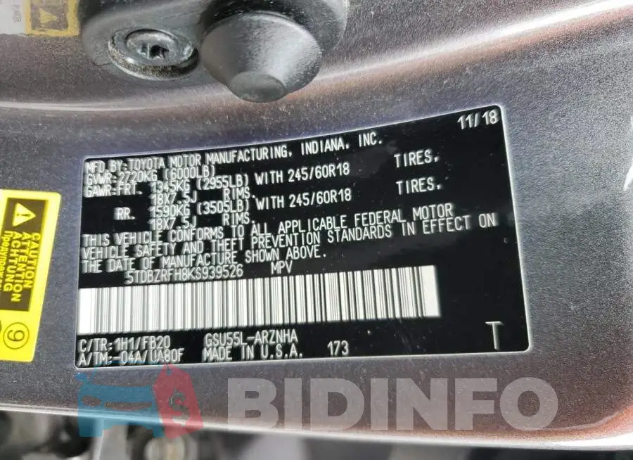5TDBZRFH8KS939526 Photo# 13