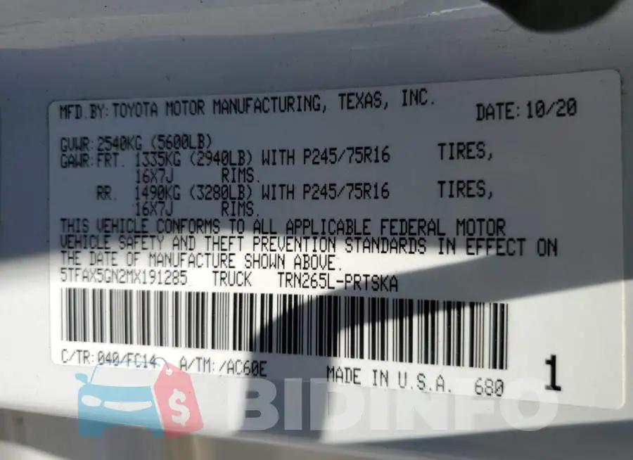 5TFAX5GN2MX191285 Photo# 12