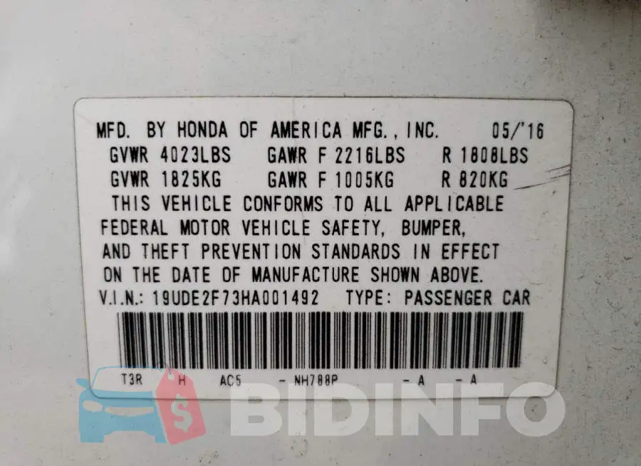 19UDE2F73HA001492 Photo# 10