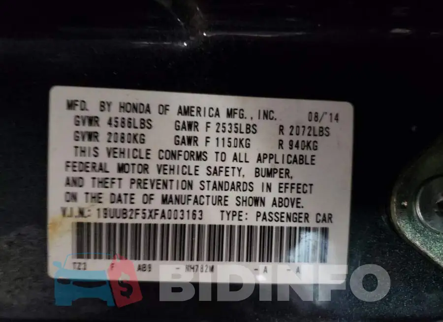 19UUB2F5XFA003163 Photo# 12