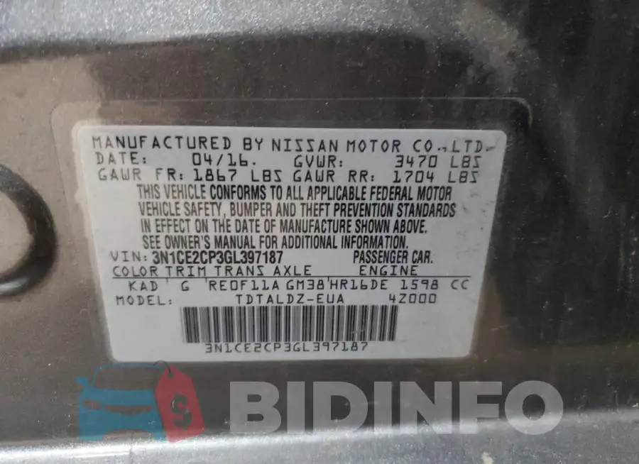 3N1CE2CP3GL397187 Photo# 12