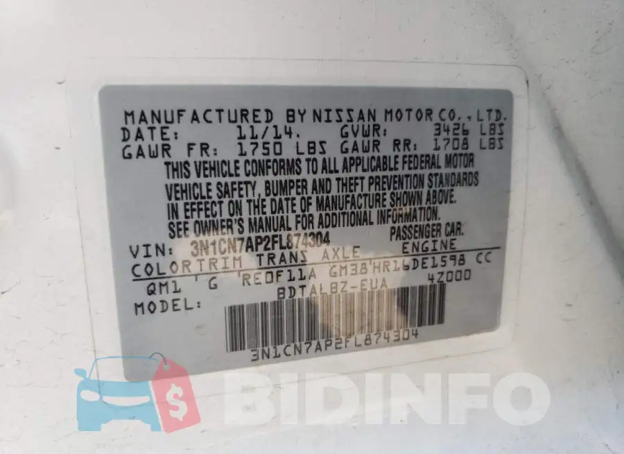 3N1CN7AP2FL874304 Photo# 13