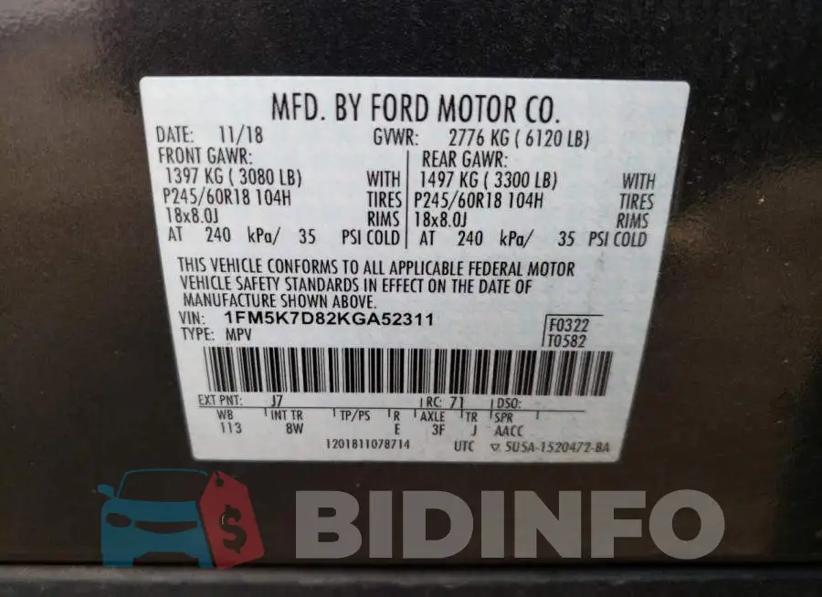1FM5K7D82KGA52311 Photo# 14