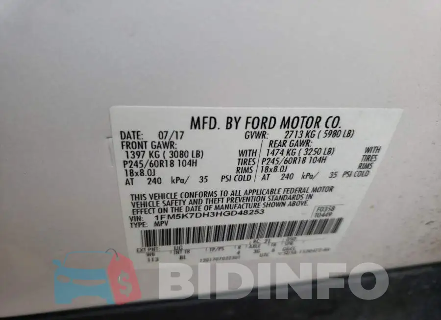 1FM5K7DH3HGD48253 Photo# 13