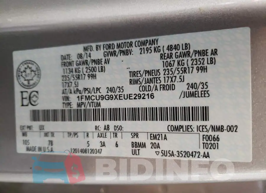 1FMCU9G9XEUE29216 Photo# 12