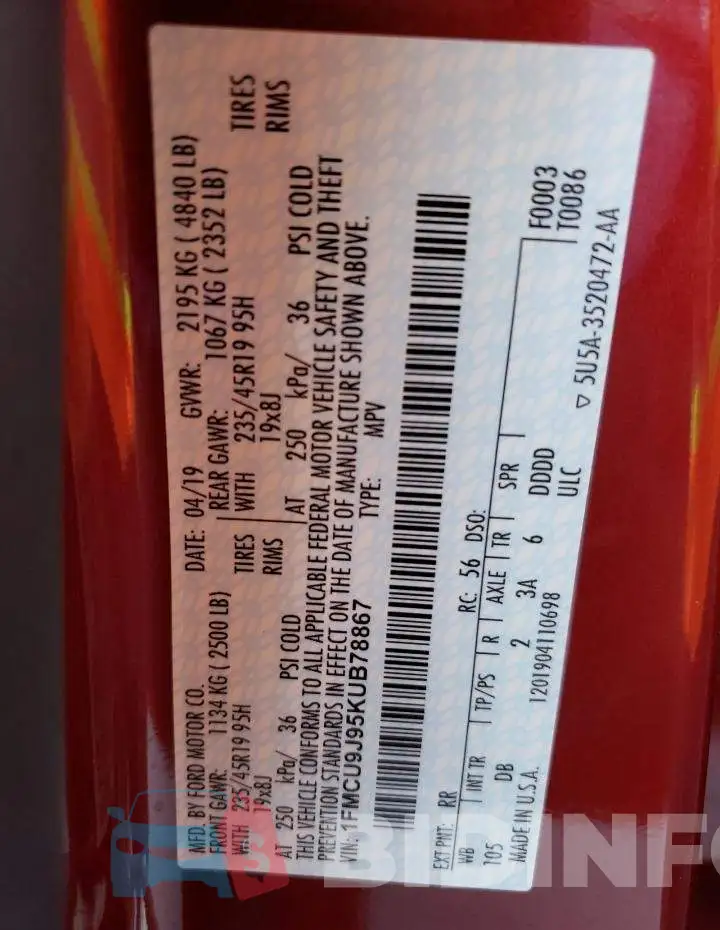 1FMCU9J95KUB78867 Photo# 13