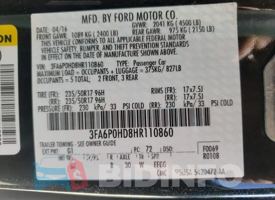 3FA6P0HD8HR110860 Photo# 13