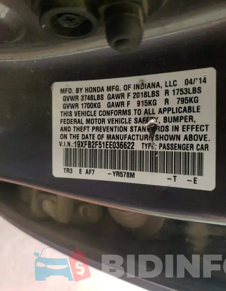 19XFB2F51EE036622 Photo# 12