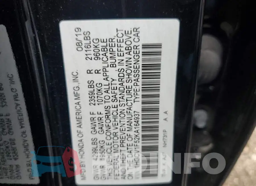 1HGCV1F52KA164937 Photo# 13