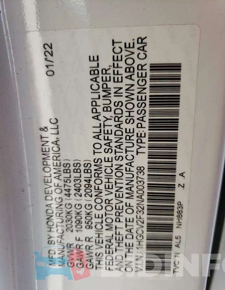 1HGCV2F32NA003738 Photo# 12