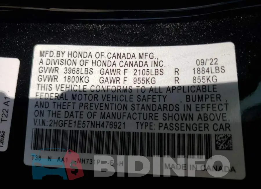 2HGFE1E57NH476921 Photo# 12