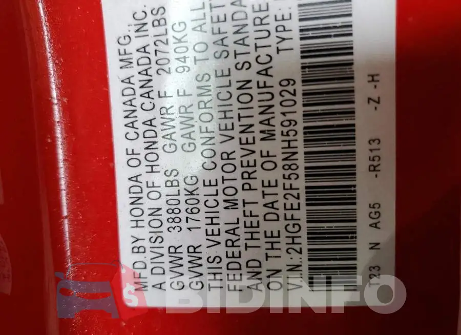 2HGFE2F58NH591029 Photo# 12