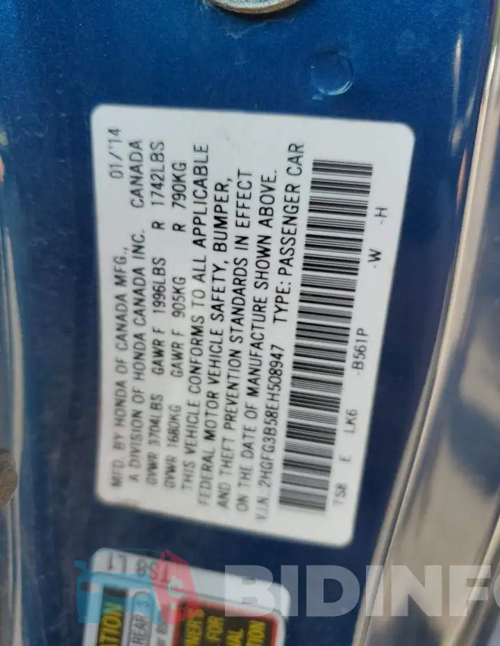 2HGFG3B58EH508947 Photo# 12