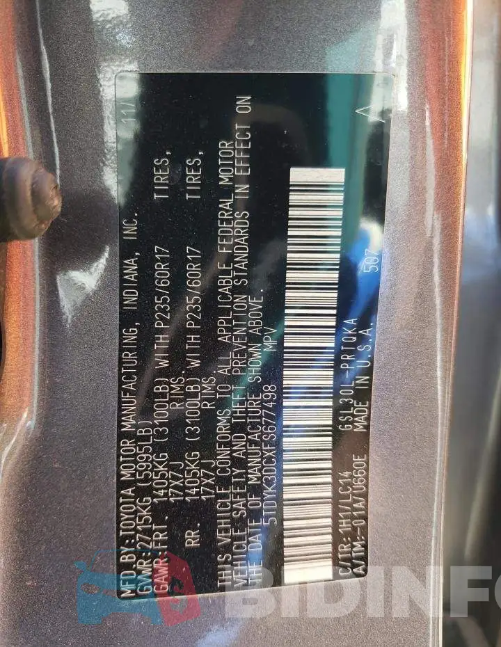 5TDYK3DCXFS677498 Photo# 13