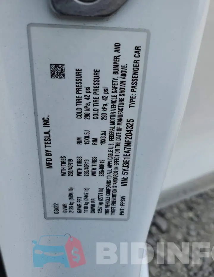 5YJ3E1EA7NF204325 Photo# 12