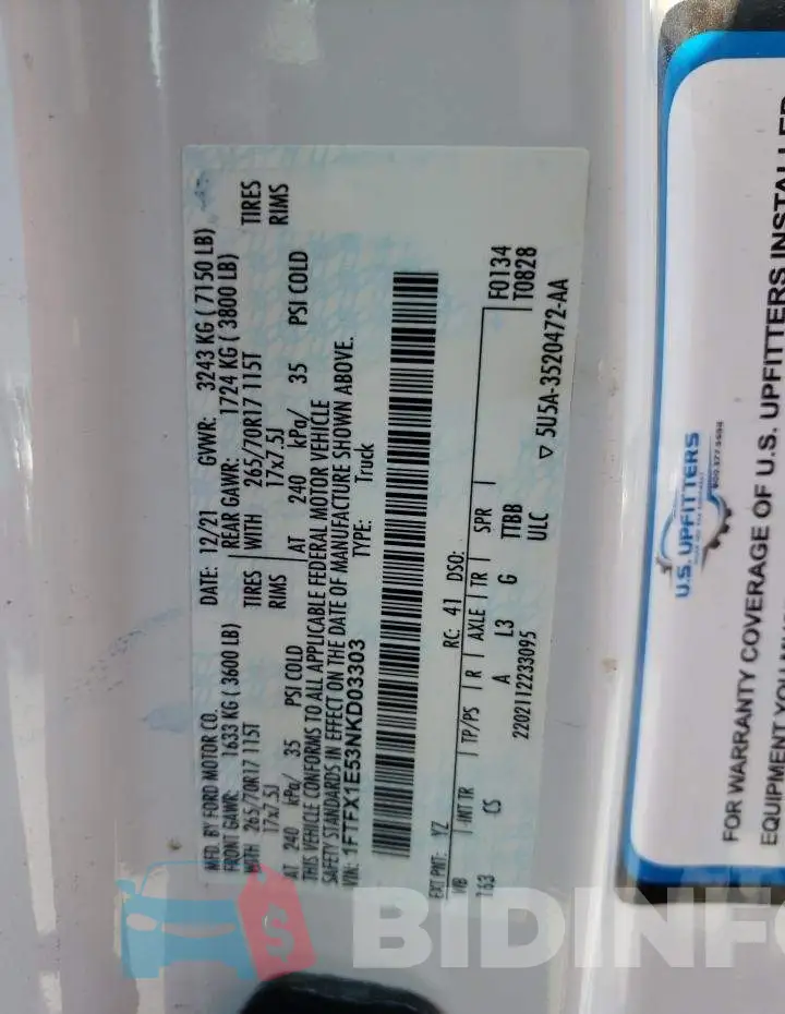 1FTFX1E53NKD03303 Photo# 12