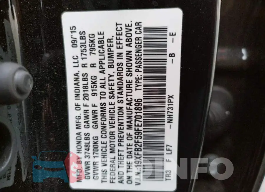19XFB2F59FE701896 Photo# 12