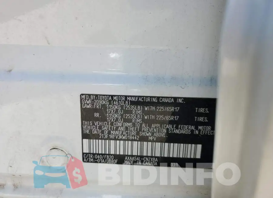 2T3F1RFV3KW018442 Photo# 13