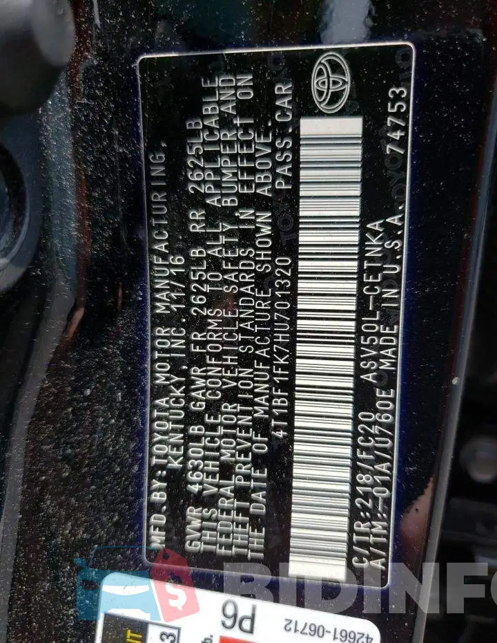 4T1BF1FK7HU701320 Photo# 12